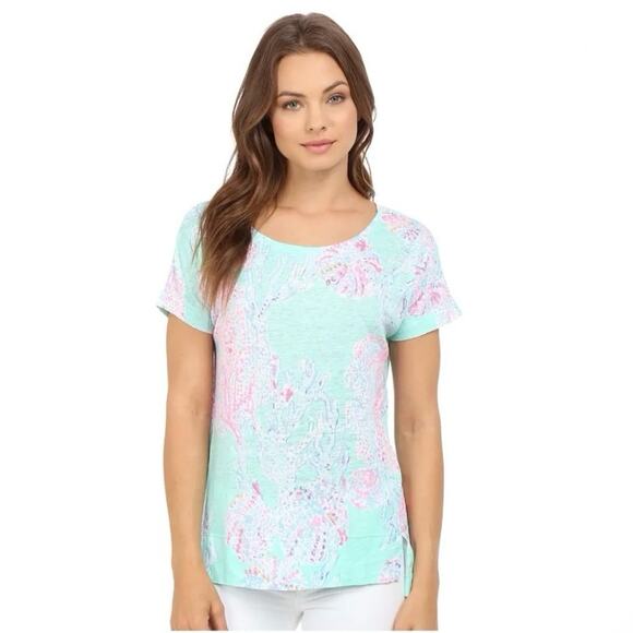 Lilly Pulitzer Mikela Linen Top in Minty Fresh Fan Sea Size Medium - Picture 1 of 6